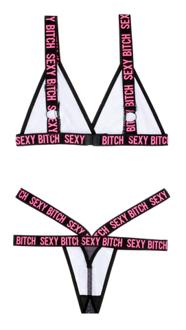 Fantasy Lingerie Vibes Sexy Bitch Bralette & Strappy Thong Panty Black