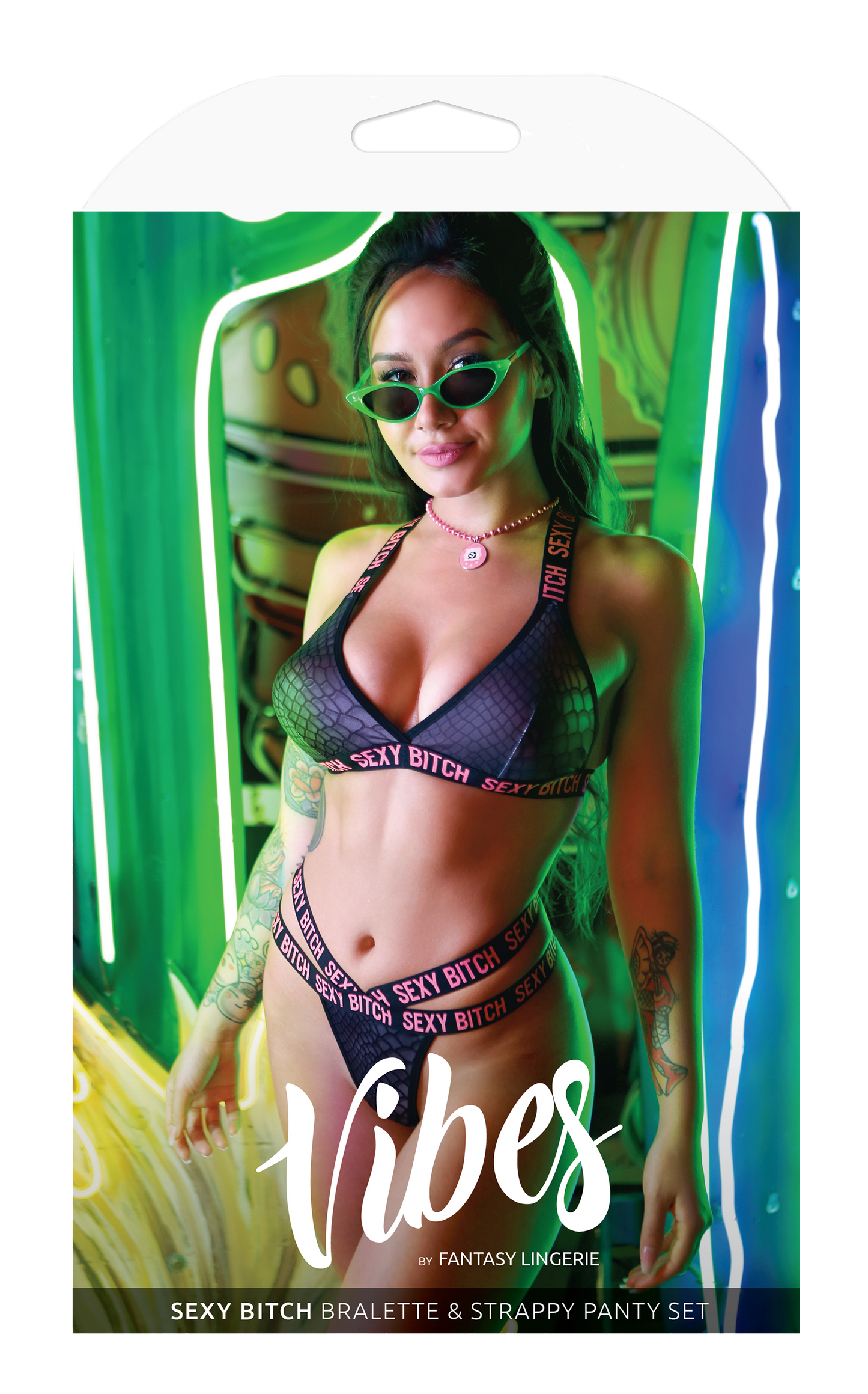 Fantasy Lingerie Vibes Sexy Bitch Bralette & Strappy Thong Panty Black