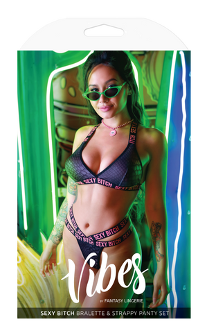 Fantasy Lingerie Vibes Sexy Bitch Bralette & Strappy Thong Panty Black
