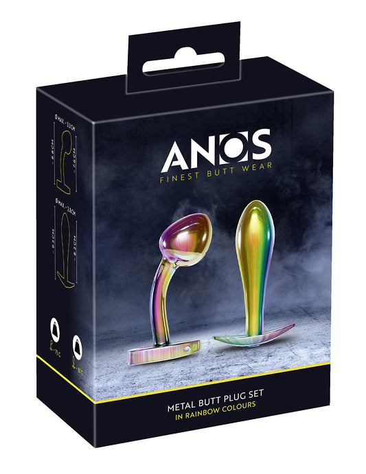 Anos Metal Butt Plug Set in Rainbow Colours box