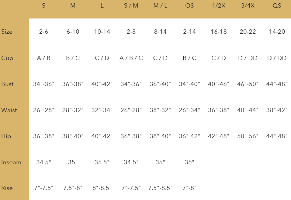 Baci Lingerie size chart