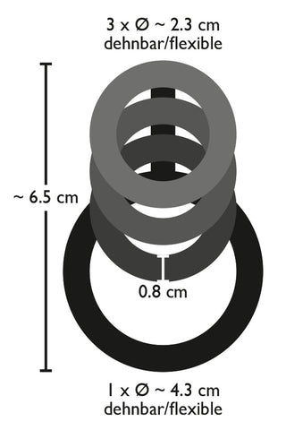 Bad Kitty 4 Piece Penis & Testicle Ring sizes