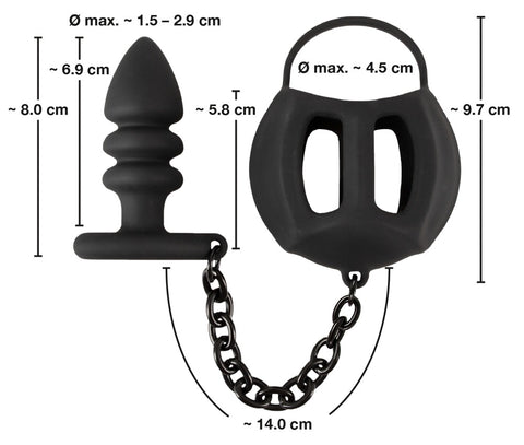 Black Velvets Ball Cage With Butt Plug sizes