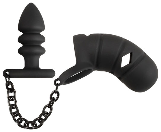 Black Velvets Cock Cage with Butt Plug