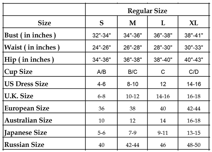 Bombshell Boudoir Size chart