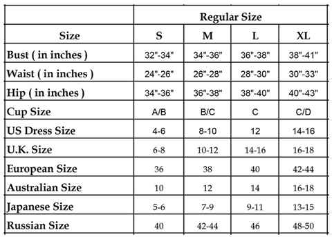 Bombshell Boudoir Size chart