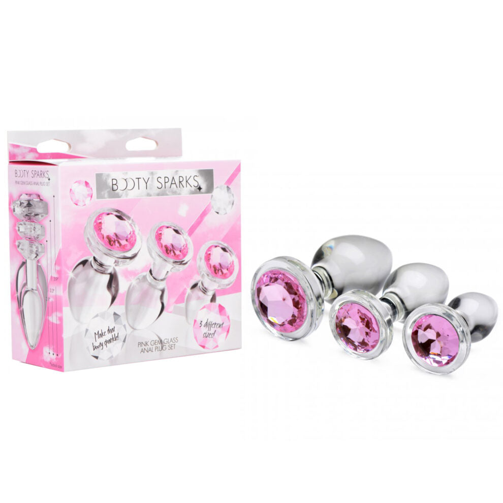 Booty Sparks Pink Gem Glass Anal Plug Set with box