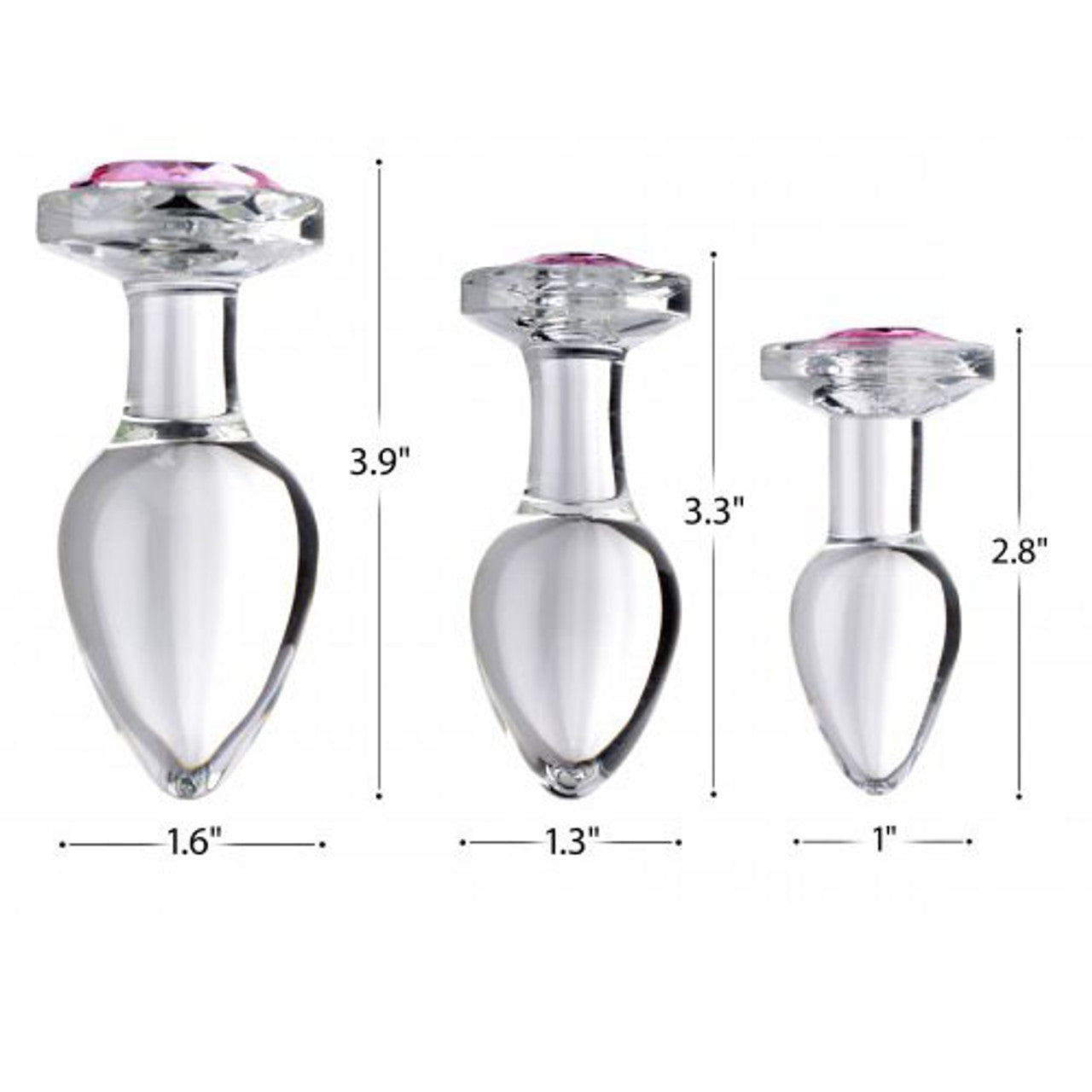Booty Sparks Pink Gem Glass Anal Plug Set sizes