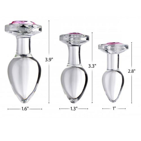 Booty Sparks Pink Gem Glass Anal Plug Set sizes
