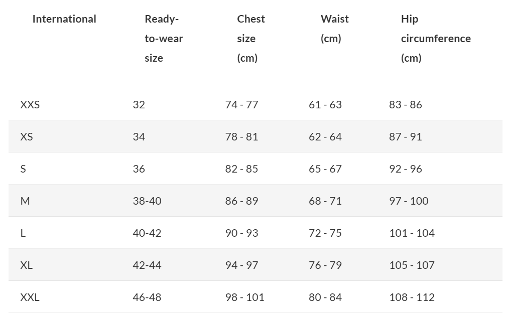 Christine size chart