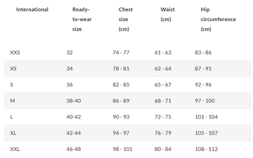 Christine size chart