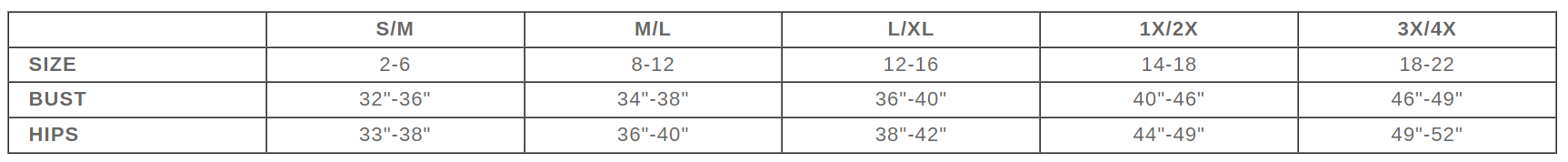 Fantasy Lingerie Tease size chart