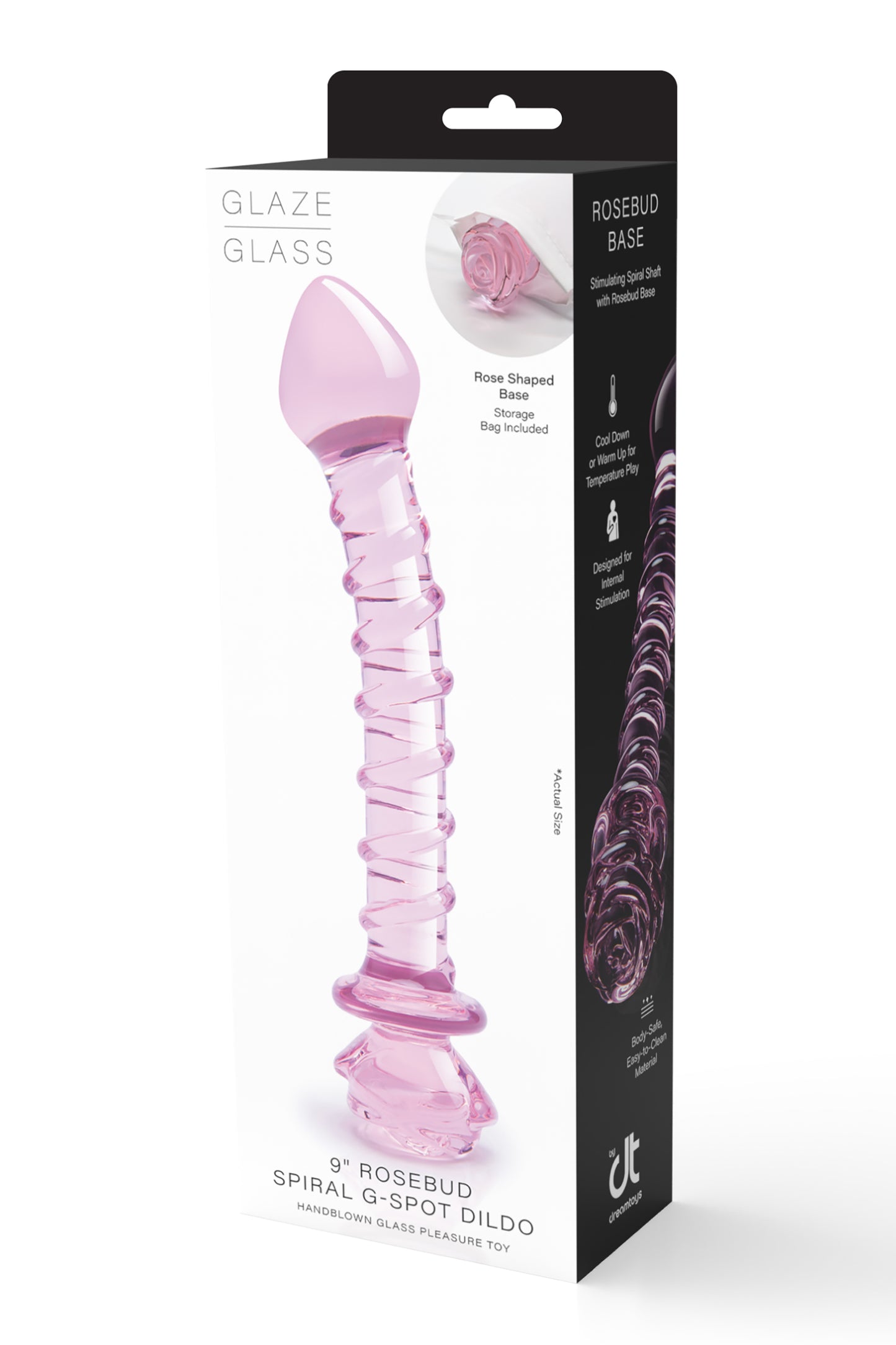 Glaze Glass Rosebud Spiral G-Spot 9 Inch Dildo box