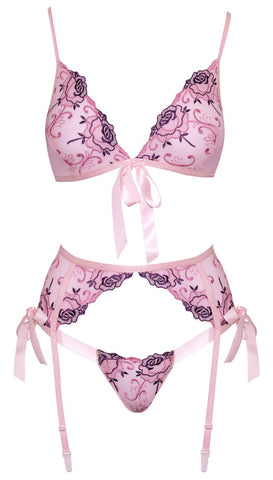 Kissable Floral Embroidery with Bows 3pc Lingerie Set