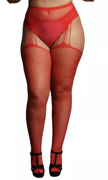 Le Désir - Suspender Rhinestone Pantyhose red front