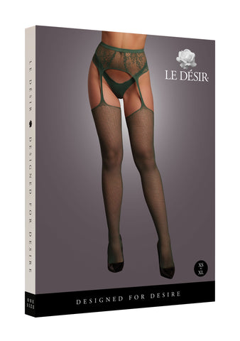 Le Désir Green Fishnet and Lace Garterbelt Stockings box