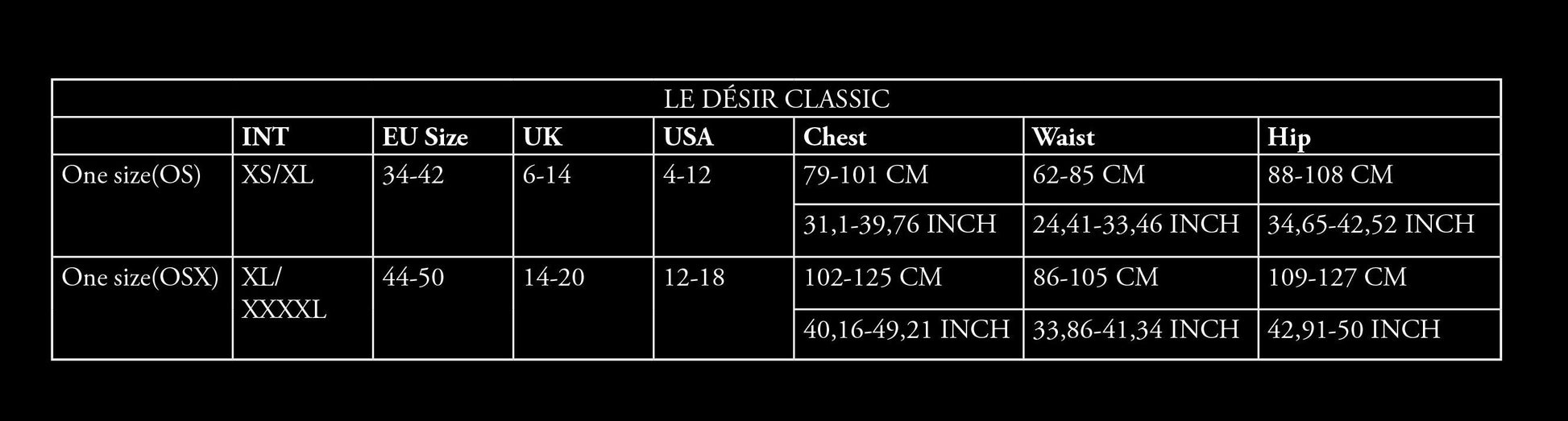 Le Désir size chart