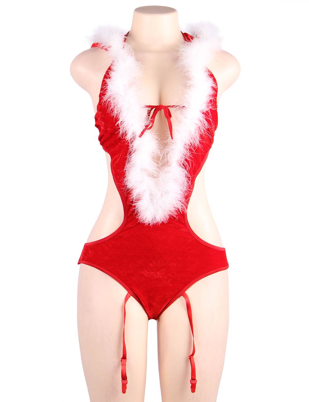 Loveangels Deep V Neck Backless Red Color Christmas Romper Costume on mannequin