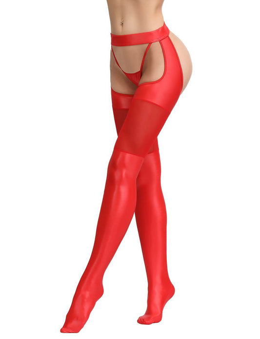 Loveangels Faux Leather And Mesh Suspender Tights With Attached Thong red