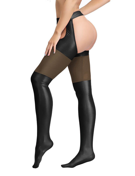 Loveangels Faux Leather And Mesh Suspender Tights With Attached Thong black