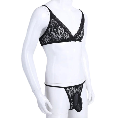 Loveangels Men's 2pc Lace Sissy Set black on mannequin