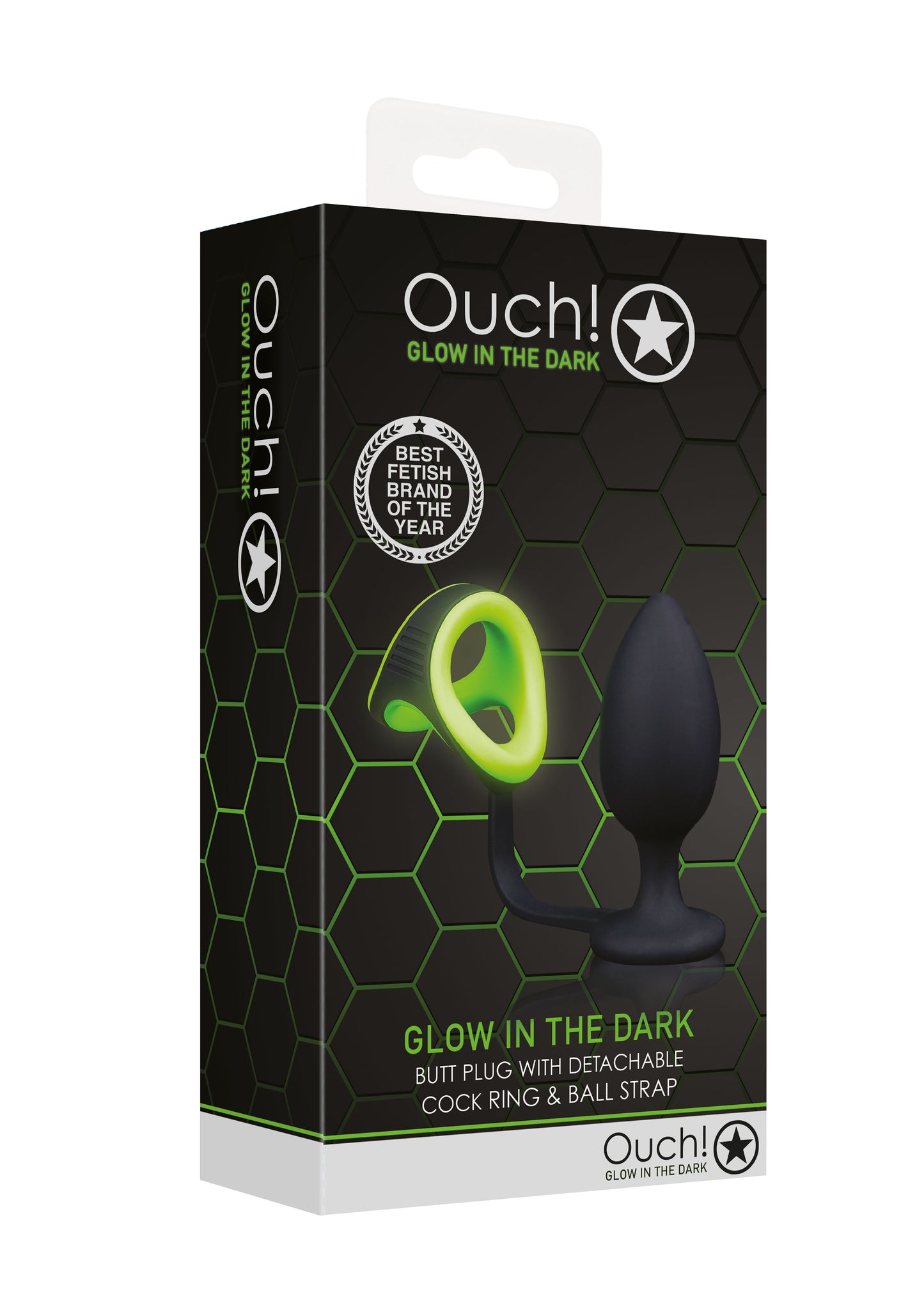 Ouch Butt Plug with Cockring Ball Strap Glow in the Dark