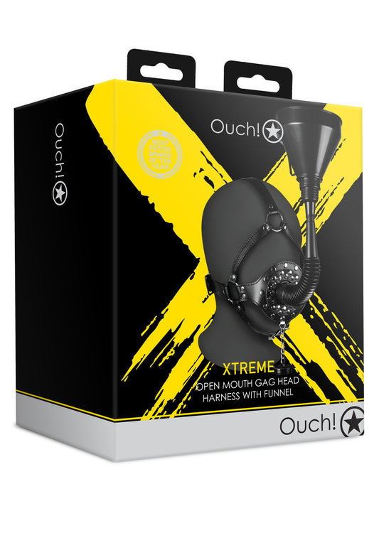 Ouch! Xtreme Open Mouth Gag Head Harness with Funnel box