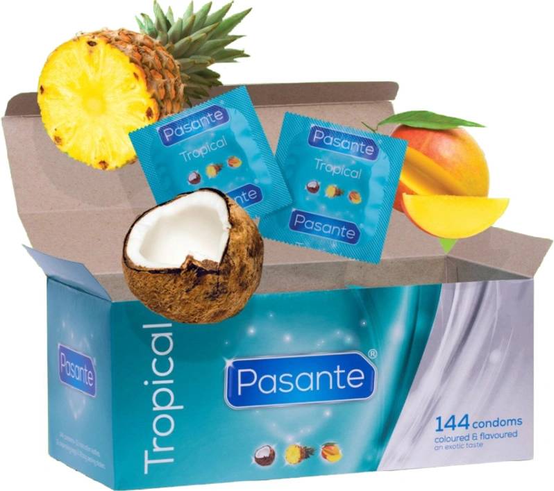 Pasante Tropical Condoms 144 Pcs open box with fruit