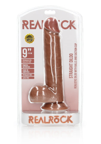 RealRock 9 Inch Straight Dildo with Balls packaging tan