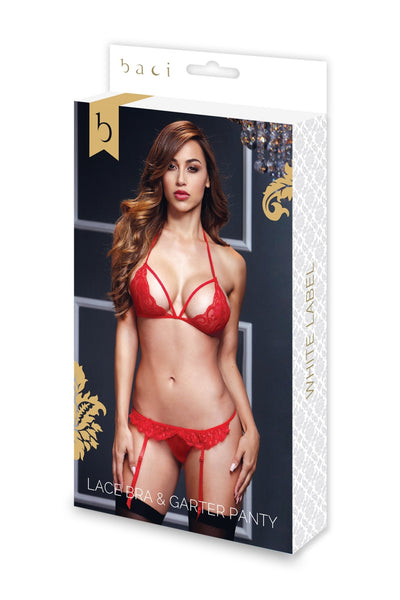 Baci Lingerie Lacy Bra Garter Open Crotch Panty 2 Piece Red - Loveangels