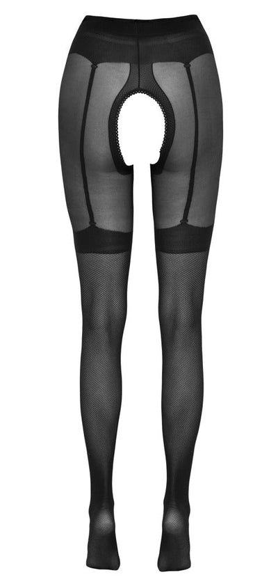 Cottelli Crotchless Tights with Woven Suspender Belt and Straps - Loveangels