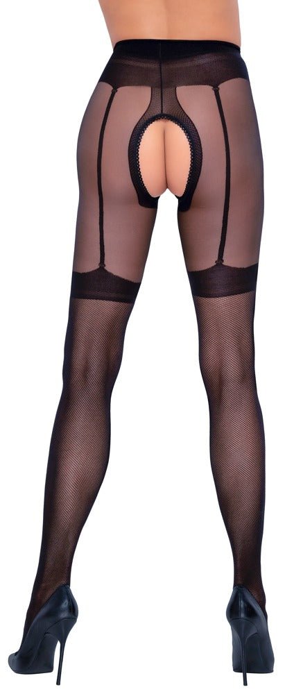 Cottelli Crotchless Tights with Woven Suspender Belt and Straps - Loveangels