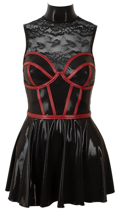 Cottelli Party Wet Look & Lace Cage-Corset Mini Dress – Black & Dark Red - Loveangels