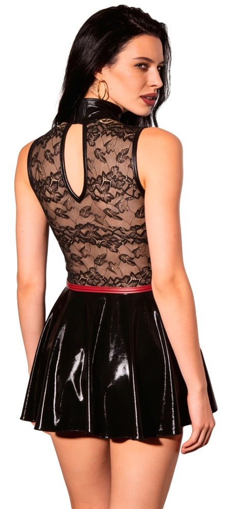 Cottelli Party Wet Look & Lace Cage-Corset Mini Dress – Black & Dark Red - Loveangels