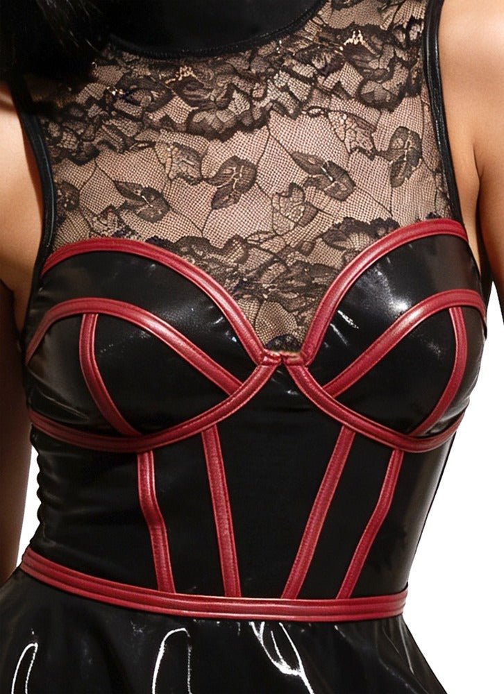 Cottelli Party Wet Look & Lace Cage-Corset Mini Dress – Black & Dark Red - Loveangels