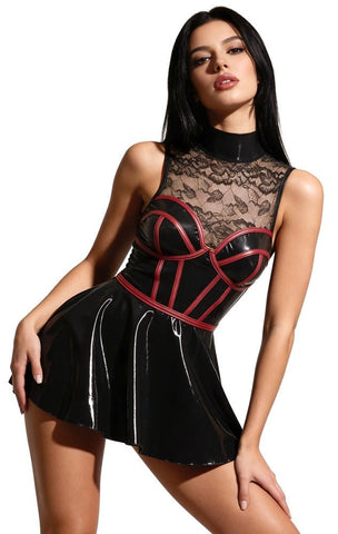 Cottelli Party Wet Look & Lace Cage-Corset Mini Dress – Black & Dark Red - Loveangels