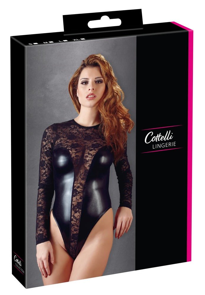 Cottelli Wet Look And Lace Teddy - Loveangels