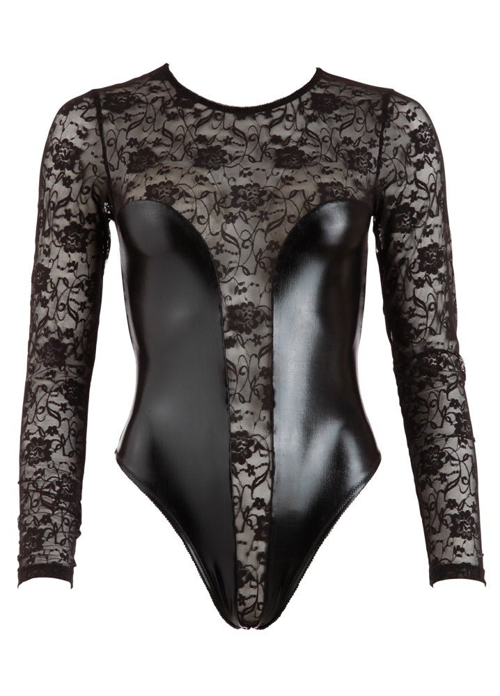 Cottelli Wet Look And Lace Teddy - Loveangels