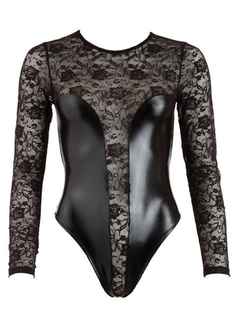 Cottelli Wet Look And Lace Teddy - Loveangels