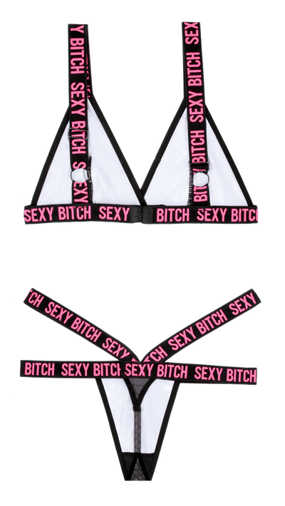 Fantasy Lingerie Vibes Sexy Bitch Bralette & Strappy Thong Panty Black - Loveangels
