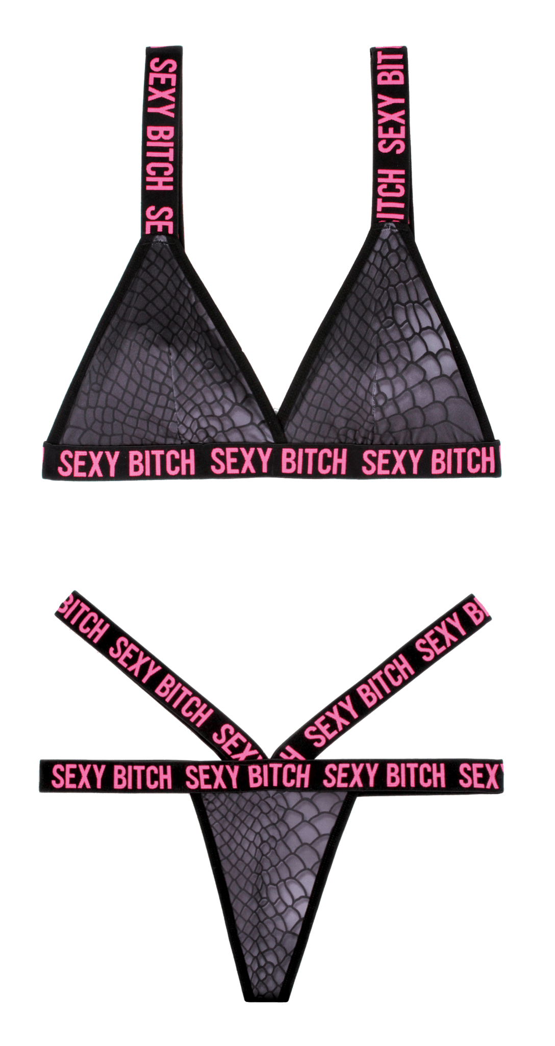 Fantasy Lingerie Vibes Sexy Bitch Bralette & Strappy Thong Panty Black - Loveangels