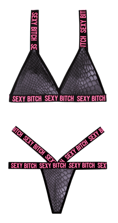 Fantasy Lingerie Vibes Sexy Bitch Bralette & Strappy Thong Panty Black - Loveangels