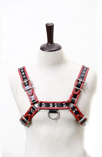 Genuine Leather Body Chain Harness III Black/Red - Loveangels