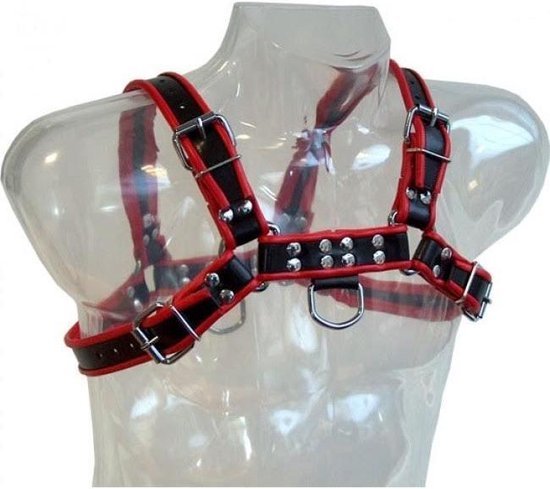 Genuine Leather Body Chain Harness III Black/Red - Loveangels