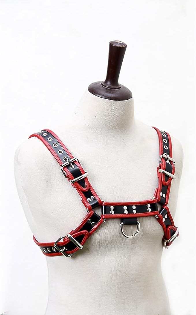 Genuine Leather Body Chain Harness III Black/Red - Loveangels
