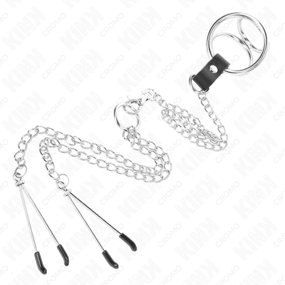 Kink Ring Power Triple Chrome Metal Cock Ring With Nipple Clamps - Loveangels