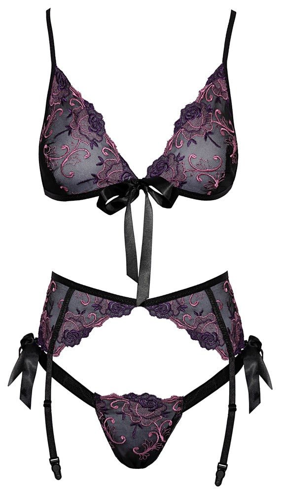 Kissable Floral Embroidered Bra, Suspender Belt & Thong Set - Loveangels