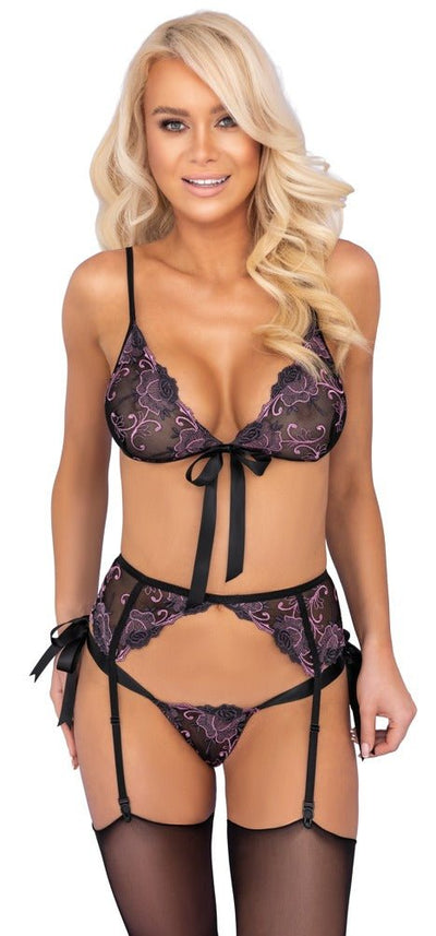 Kissable Floral Embroidered Bra, Suspender Belt & Thong Set - Loveangels