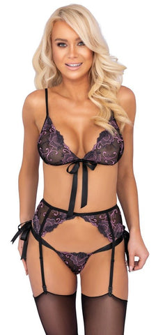 Kissable Floral Embroidered Bra, Suspender Belt & Thong Set - Loveangels