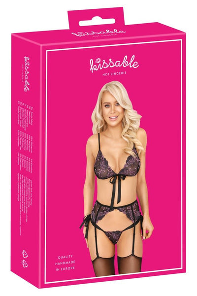 Kissable Floral Embroidered Bra, Suspender Belt & Thong Set - Loveangels